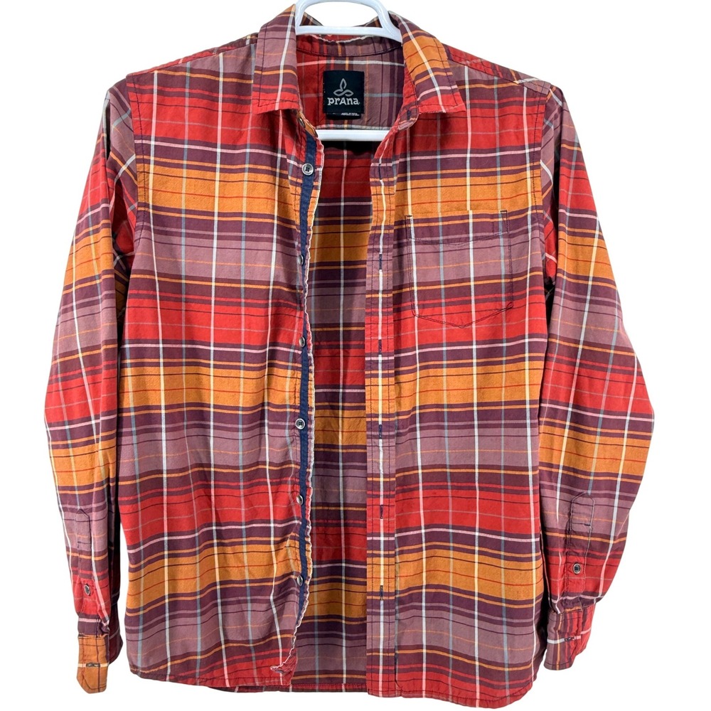 Prana Button Down Mens S Red Multi Plaid Organic Cotton Blend‎ Long Sleeve Shirt